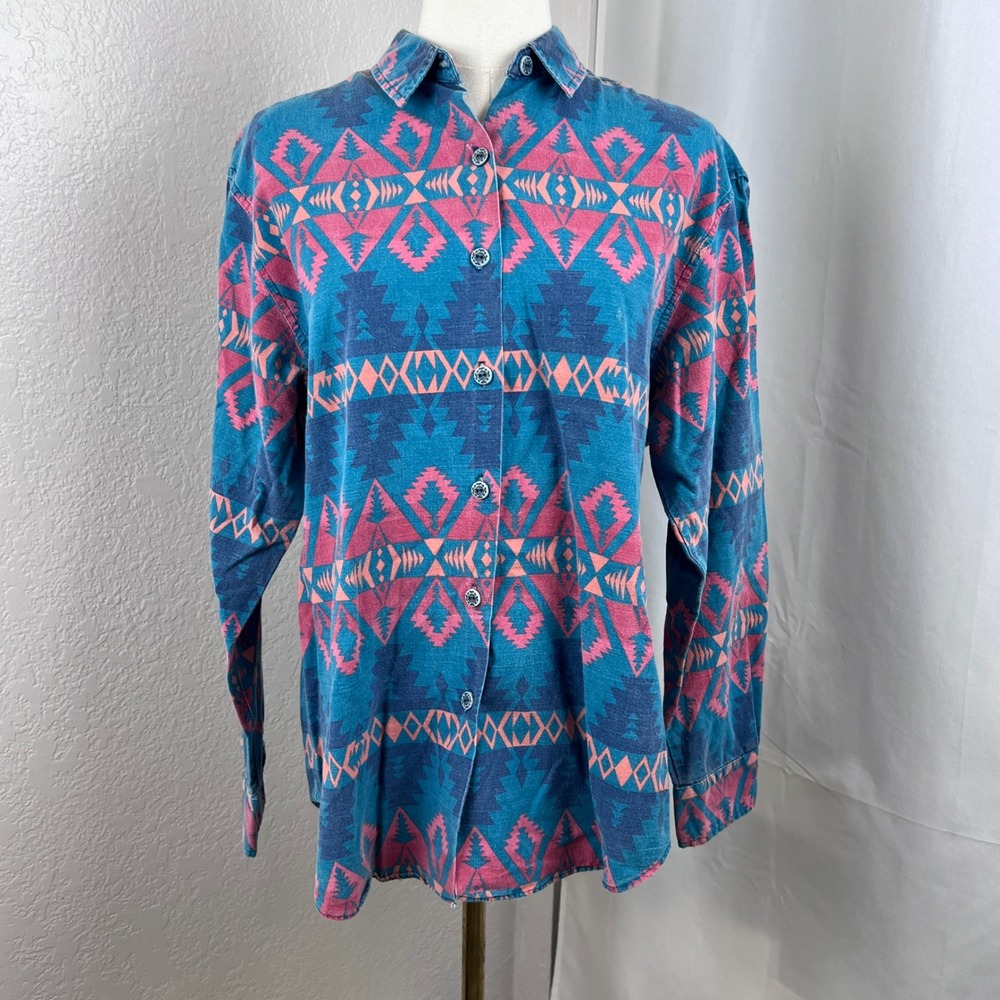 VTG Western Button Down Shirt Womens S Blue Cotton Aztec Southwestern Country